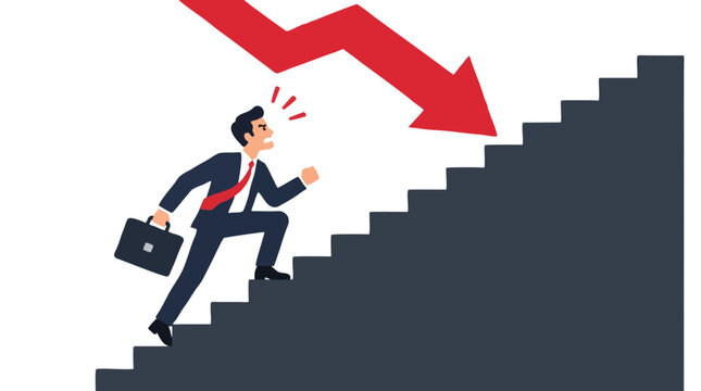 Frustrated businessman in suit with briefcase struggling to climb steep dark staircase under large red downward arrow symbolizing business failure, loss, recession and economic struggle concept