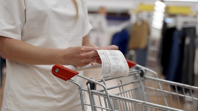 Woman holds receipt near shopping cart. She stands in clothing section. Background shows hanging garments. She appears calm and focused. Good for retail, shopping, or consumer behavior scenes