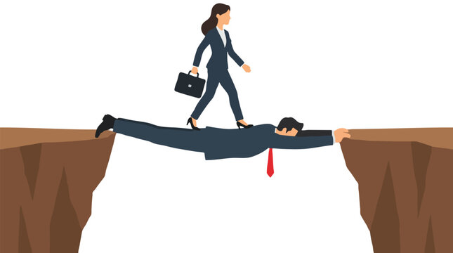 Selfless businessman in suit forming human bridge across deep canyon chasm while female colleague walks over his back symbolizing teamwork sacrifice support leadership collaboration and trust
