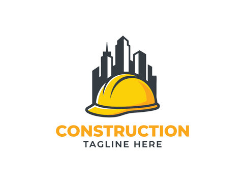 Construction company logo with yellow hard hat and city skyline, professional building contractor emblem, industrial engineering vector icon
