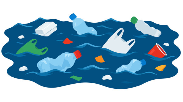 Illustration of scattered crumpled plastic bottles, bags, cups and garbage debris floating on dark blue sea surface waves highlighting ocean pollution environmental crisis and waste concept