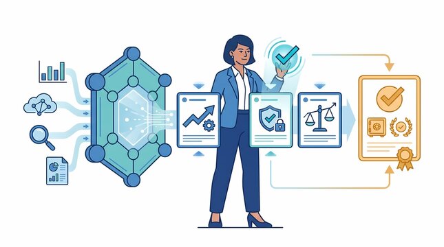Illustration depicting a professional woman reviewing data processed through an AI filter node into an authenticated and certified official document.