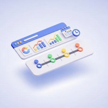 3d dashboard interface with data charts, calendar, clock, and timeline on white background