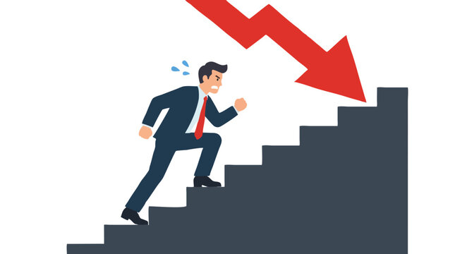Frustrated businessman climbing steep staircase with effort as large red arrow points sharply down symbolizing business decline, failure, recession and financial struggle concept vector illustration