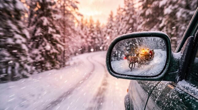 Snowy forest road reflected beside a car mirror showing a glowing sleigh and reindeer at sunset, a Christmas journey through winter scenery suits holiday travel greetings and magical family stories
