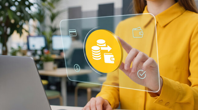 Transfer of money into a wallet connects available funds with everyday spending, using a coin stack and directional arrow to express moving cash between payment accounts