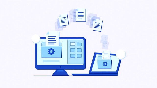 Flat vector animation showing seamless data synchronization and file transfer between desktop and laptop devices.