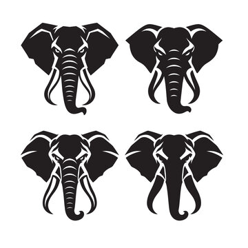 Set of Four Black Elephant Head Silhouette Logos, Minimalist African Wildlife Vector Design