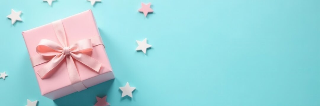 Pastel blue background, gift box, teether, bunny rattle, stars Top view , space, design