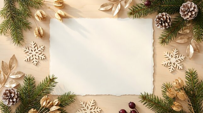 Blank paper frame with christmas decorations and pine branches on wooden background