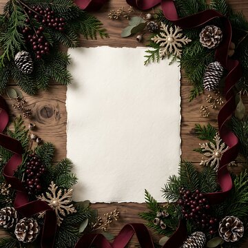 Blank paper sheet framed with christmas decorations on rustic wooden background