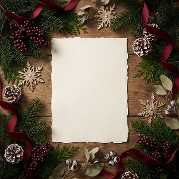 Blank paper sheet on rustic wooden surface surrounded by christmas decorations