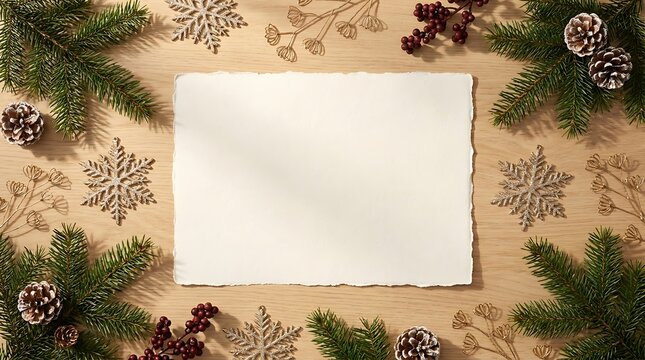 Flat lay composition of christmas decorations with empty paper for text