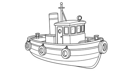 Black outline vector icon of a harbor tugboat with cabin windows porthole door smokestack mast lifebuoys and fenders drawn in medium lines centered in side view ending with playful nautical charm © Daniel