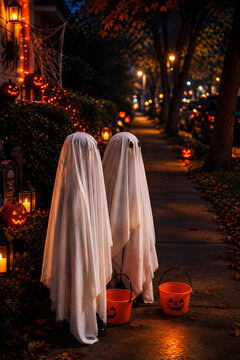 Two Children in White Ghost Costumes with Halloween Trick or Treat Buckets at Night