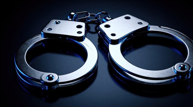 Open silver handcuffs lie on dark reflective surface with blue light. Metallic police restraints concept for law enforcement, crime, justice. Shiny metal cuffs rest in moody studio setting,