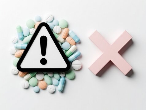 Warning symbol over assorted pharmaceutical pills, capsules. Red cross mark signifies danger wrong dosage. Concept about medication safety, drug misuse risk, health hazard awareness. Avoid incorrect