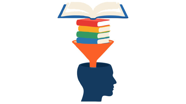 Flat vector illustration of stacked colorful books funneled from open book into open human head silhouette symbolizing knowledge transfer learning education and idea intake on white background