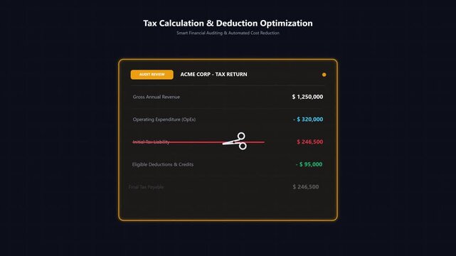 Corporate tax calculation and deduction optimization motion graphics infographic dashboard