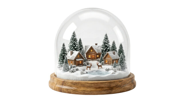 Christmas snow globe with winter village and pine trees isolated on transparent background