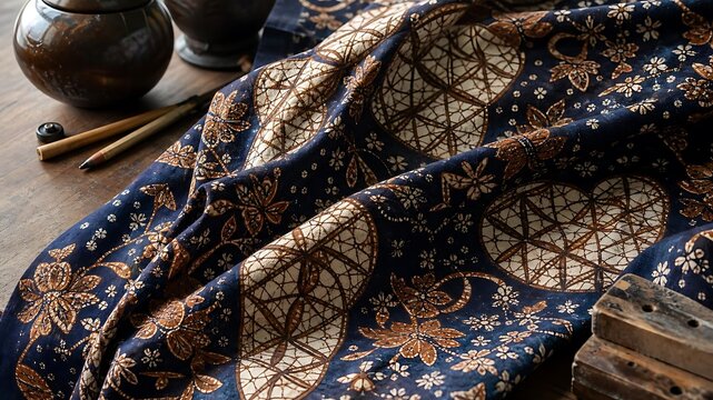Traditional Indonesian Hand Drawn Batik Fabric Draped Naturally Across Wooden Artisan Table