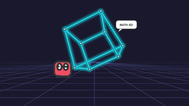 Glowing blue wireframe cube rotating on a dark grid background