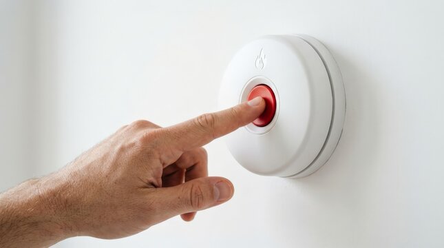 A close up view of a person pressing the red button of a white smoke detector mounted on a plain wall indoors, showing safety testing action, underscoring the finger