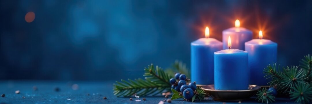 Blue Advent candles, fourth Sunday, Christmas card design, prayer, still life