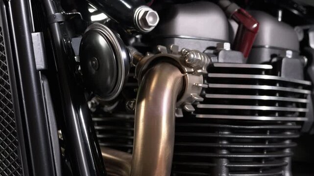 Motorcycle Engine Cylinder and Exhaust Pipe Close Up