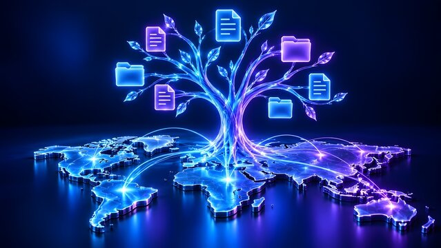 Glowing digital tree with folders as leaves growing from world map symbolizing global data growth and sustainability