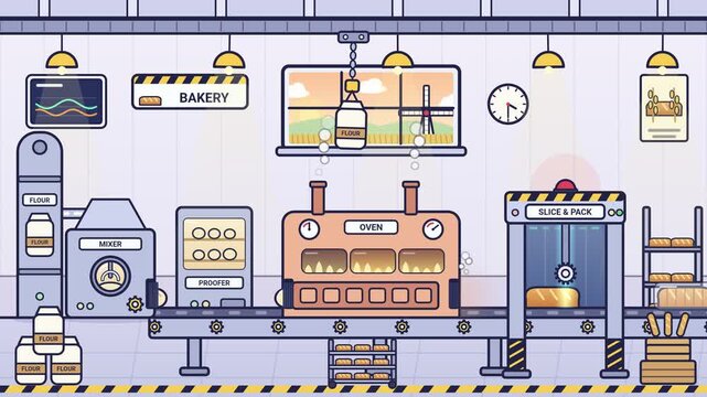 Automated Bakery Factory Conveyor Belt Assembly Line 2D Vector Graphic Animation Showing Industrial Bread Production Process For Commercial Food Tech