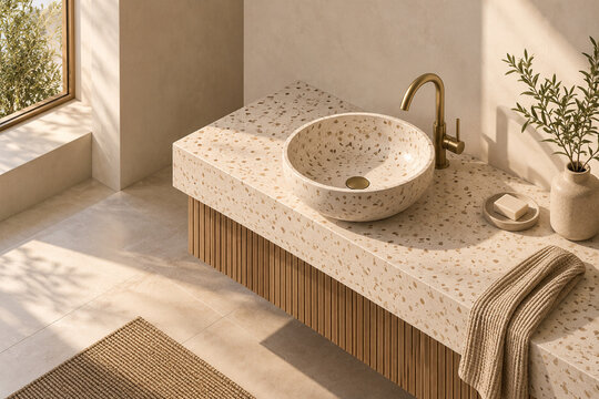 Minimal bathroom with cream terrazzo basin and brass tap, clean geometry, no mirror, presented in stylized interior 3D render.
