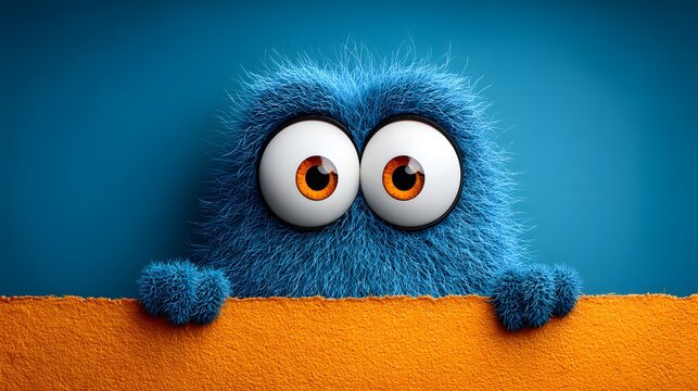Funny cute blue furry monster character with big expressive eyes peeking over a bright orange paper edge for creative children education poster or playful website error page graphic design