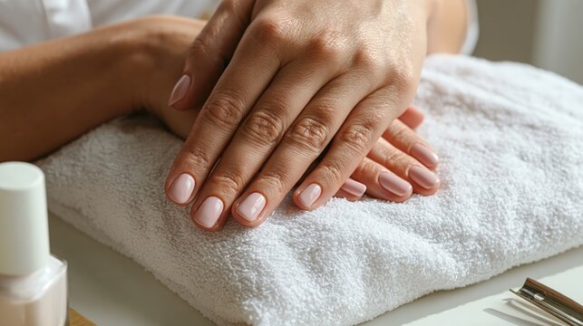 Close-up of hands with short pastel pink nails on white towel for