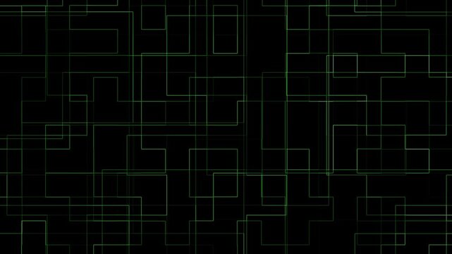 An abstract technological background featuring glowing green geometric lines and interconnected grid patterns moving across a dark canvas. Ideal for cybersecurity, coding visualizations, or futuristic