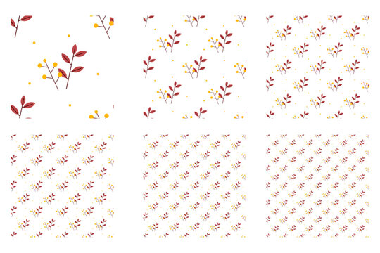 Minimalist botanical patterns feature fresh green leaves, slender brown branches, and golden yellow dots on white backgrounds, ideal for stationery, packaging, textiles, and decorative designs.