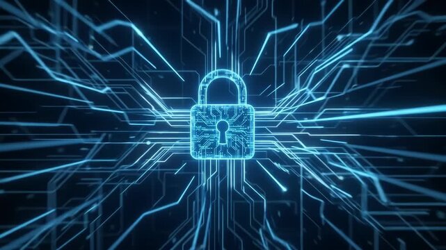 Digital Security: A glowing blue digital padlock, representing cybersecurity and data protection, is embedded within an intricate network of glowing circuit board lines.