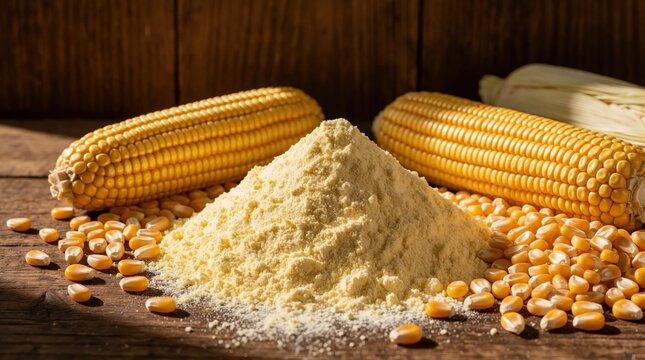 Yellow corn flour pile with whole kernels, cobs on rustic wood table. Raw grain ingredient for cooking baking. Organic maize meal cornmeal corn crop background for food industry, milling processing