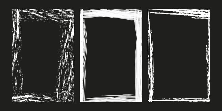 Abstract grunge frame and border vector set with distressed white brush stroke overlay effect on black background