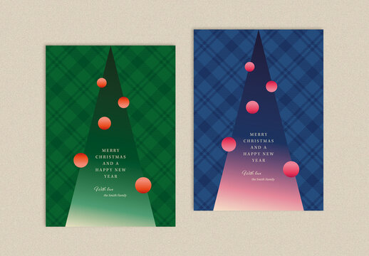 Christmas Card Layouts with Christmas Tree and Plaid Pattern
