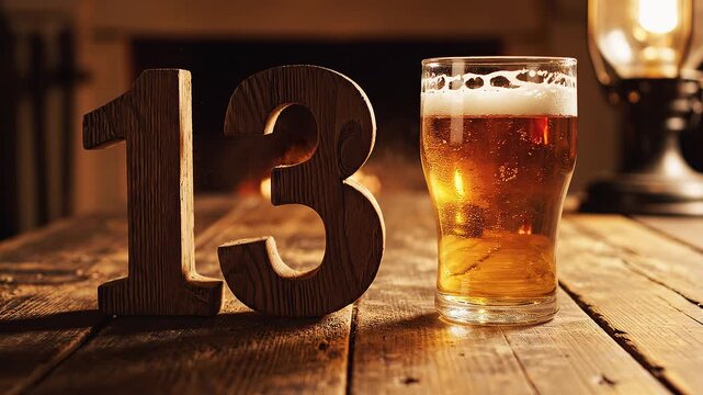 Rustic Wooden Number 13 Falling Beside a Glass of Golden Beer