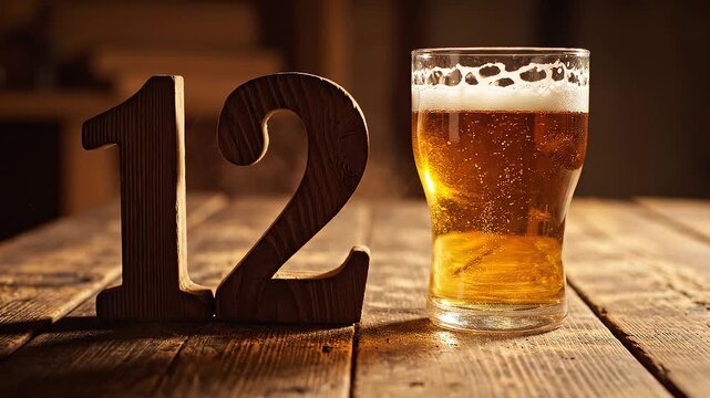 Rustic Wooden Number 12 Falling Beside a Glass of Golden Beer
