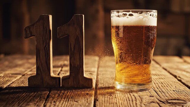Rustic Wooden Number 11 Falling Beside a Glass of Golden Beer