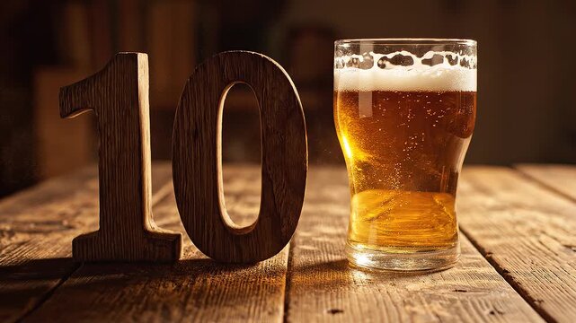 Rustic Wooden Number 10 Falling Beside a Glass of Golden Beer