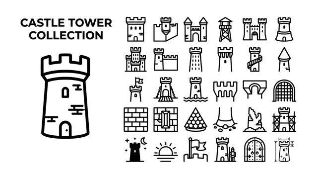 Castle Tower Collection: A compilation of various linear icons representing different castle towers, battlements, and architectural elements, ideal for design and historical themes.