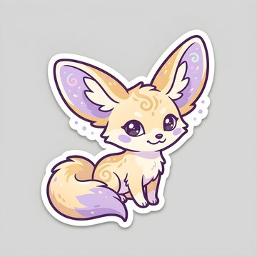 Create an original fantasy-inspired fennec fox animal sticker, a tiny cream and golden sand fox with oversized crescent-shaped ears, soft lilac ear interiors, a long fluffy tail with a lavender tip, p