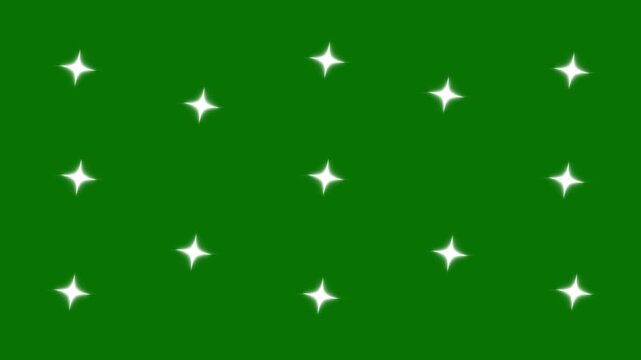 Twinkling stars night sky shine animation, white cartoon doodle style flat vector stars, magic light effect trail magic sparkling effects on green screen background.4K