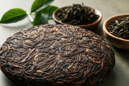 Pressed dark pu erh tea cake on stone surface. Traditional fermented tea disk sits near wooden bowls with loose dry leaves. Green tea plant branches lie in background. Organic aged tea product for