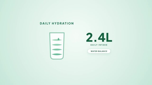 Daily hydration health infographic animation showing water intake levels inside a glass with motion graphics footage