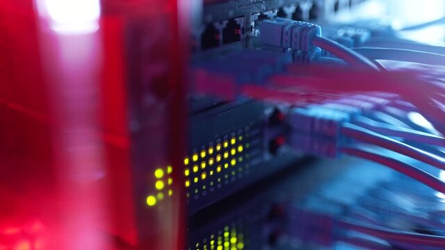 Fibre optic cables plugged into a rack in a server room. Network hardware and data centre